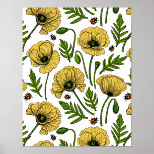 Affiche Coquelicots jaunes et coccinelles