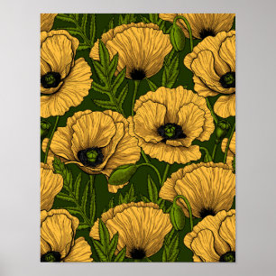 Affiche Coquelicots jaunes sur fond vert foncé