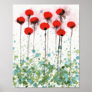 Affiche Coquelicots rouges et aqua, Mur de fleurs à l'aqua