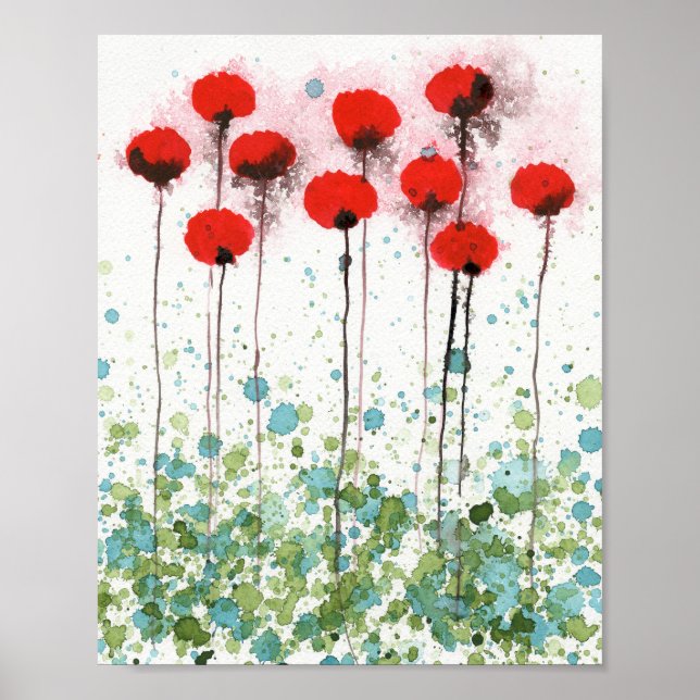 Affiche Coquelicots rouges et aqua, Mur de fleurs à l'aqua (Devant)