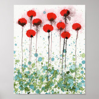 Affiche Coquelicots rouges et bleus Aqua, Mur de fleurs à