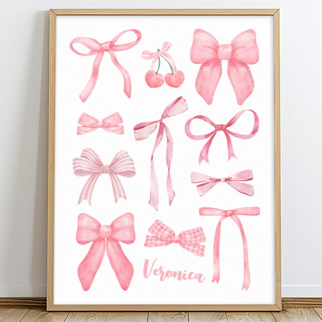 Affiche Coquette Aesthétique Cute Girls Rose Bows avec nom (Coquette poster, coquette wall art, pink bow poster, personalized cute girly aesthetic art print)