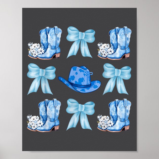 Affiche Coquette Bow Cowgirl Boots Blue Bows Hat Western R (Devant)