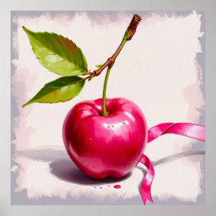 Affiche Coquette Cerise rose avec Feuilles et ruban