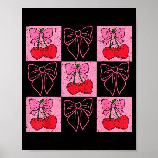 Affiche Coquette Checkred Pink Bow And Red Cherries Valent (Devant)
