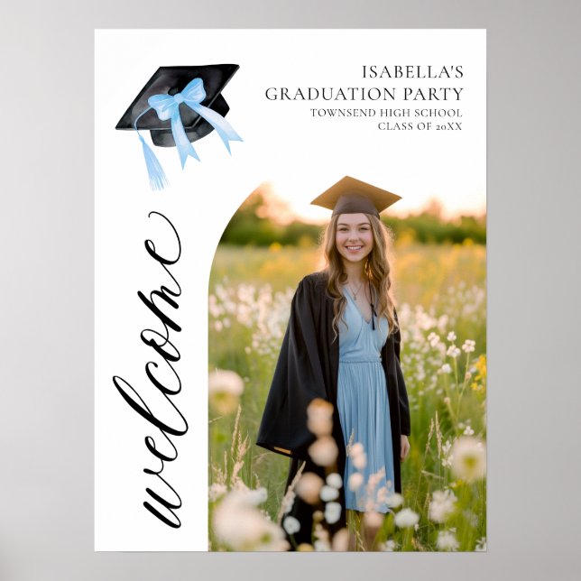 Affiche Coquette de graduation moderne Blue Bow Bienvenue (Devant)