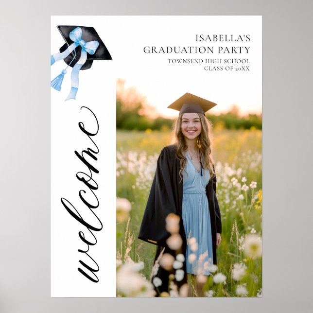 Affiche Coquette de graduation moderne Blue Bow Bienvenue (Devant)