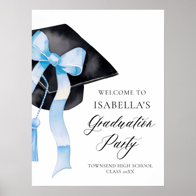 Affiche Coquette de graduation moderne Blue Bow Bienvenue (Devant)