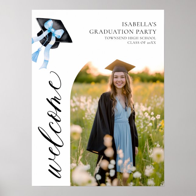 Affiche Coquette de graduation moderne Blue Bow Bienvenue (Devant)