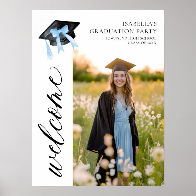 Affiche Coquette de graduation moderne Blue Bow Bienvenue (Devant)
