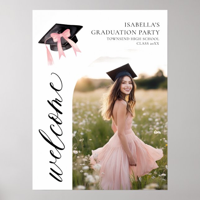 Affiche Coquette de graduation moderne rose Bow Bienvenue (Devant)