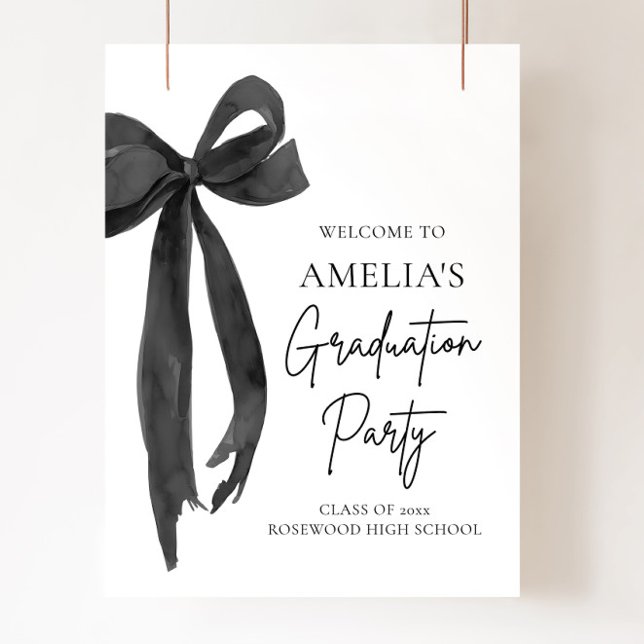 Affiche Coquette de la Bow Noire moderne Accueil (Modern Black Bow Coquette Graduation Party Welcome Poster)