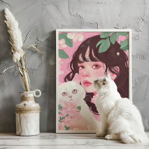 Affiche Coquette Girl with White Cat Pink Preppy Art Impri