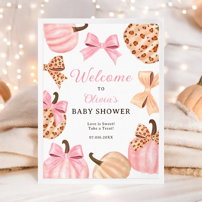 Affiche Coquette Pink Bow Citrouille baby shower bienvenue (Coquette Pink Bow Pumpkin baby shower welcome Poster)