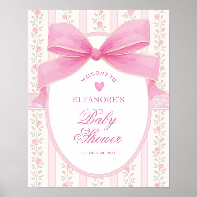 Affiche Coquette Pink Bow Roses Girl Baby Shower Welcome (Devant)