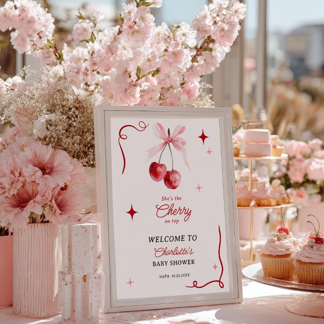 Affiche Coquette rose cerise Bow sur le dessus Baby shower (Pink Coquette Bow Cherry On top Girl Baby Shower Poster)