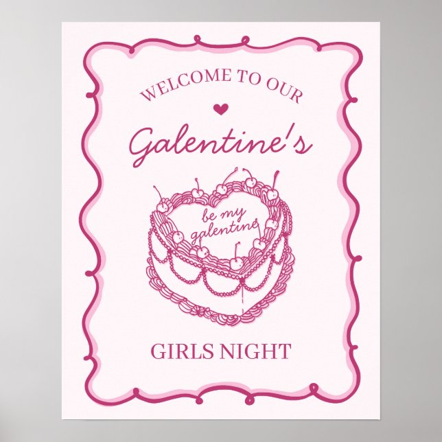 Affiche Coquette rose gâteau aux cerises Galentines Accuei (Devant)