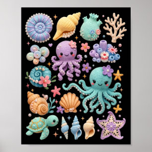 Affiche Coquettes Vie Marine Kawaii Méduse Pieuvre Plage
