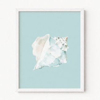 Affiche Coquillage à l'aquarelle bleu pastel et blanc