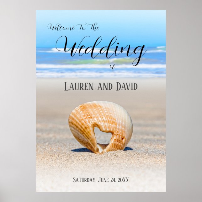 Affiche Coquillage avec un Coeur sur le sable à la plage, (Devant)