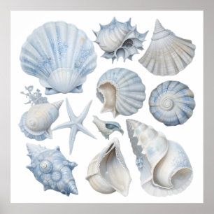 Affiche Coquillages à l'aquarelle bleue et blanche – Nurse