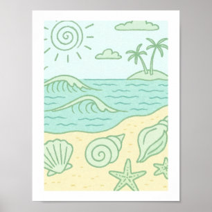 Affiche Coquillages Rétro de Plage Côtière Tropicale Océan