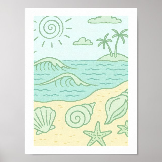 Affiche Coquillages Rétro de Plage Côtière Tropicale Océan (Devant)