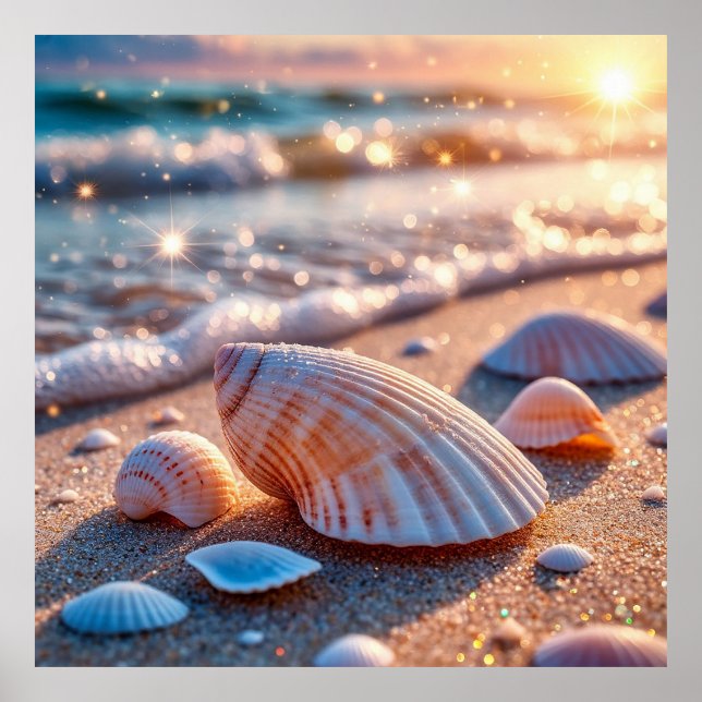 Affiche Coquillages sur le sable avec des vagues d'océan s (Devant)
