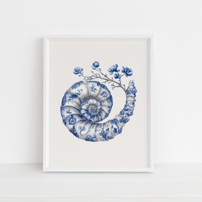 Affiche Coquille de Nautilus - Bleu côtier sur l'art mural (Nautilus Shell – Coastal Blue on Beige Wall Art in a white frame on the floor)