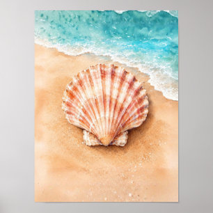 Affiche Coquille Saint-Jacques à l'aquarelle sur la plage