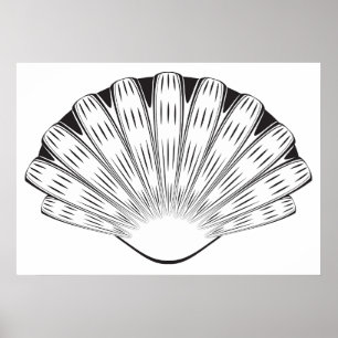 Affiche Coquille Saint-Jacques Coquillage Minimaliste Noir