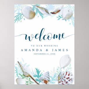 Affiche Coquilles et calligraphie Blue Beach Mariage Bienv