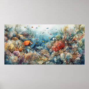 Affiche Corail et poissons aquarelle