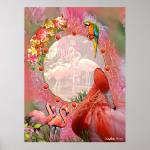 Affiche Corail, Herbe, Fleurs et Flamants roses roses pivo