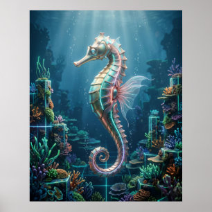 Affiche Corail néon hippocampes en grille