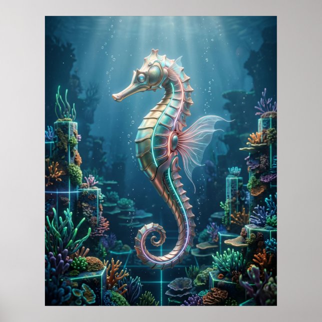 Affiche Corail néon hippocampes en grille (Devant)