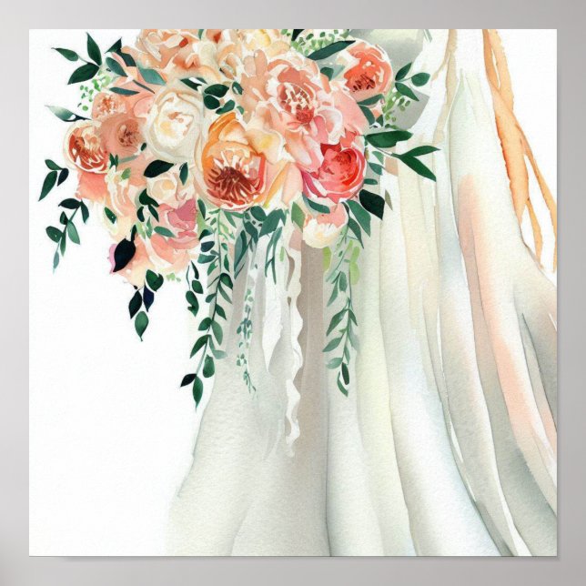 Affiche Corail Whimsical, Bouquet en cascade nuptiale 2, (Devant)