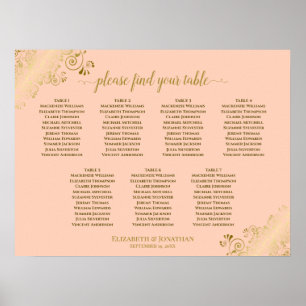 Affiche Coral Peach & Gold 7 Table Wedding Seating Chart