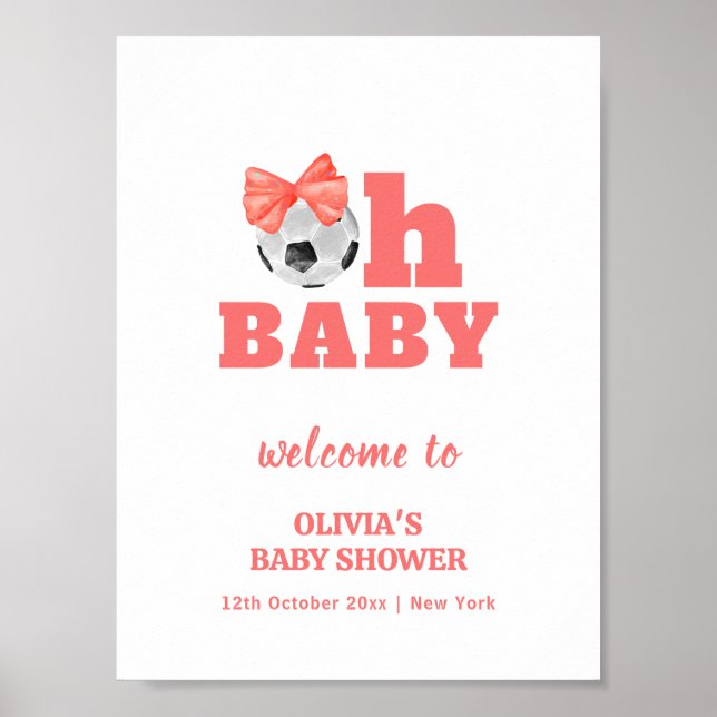 Affiche Coral Peach Oh Baby Bow Soccer Baby Shower Welcome (Devant)