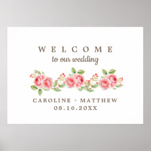 Affiche Coral Pink Watercolor Floral Wedding Welcome