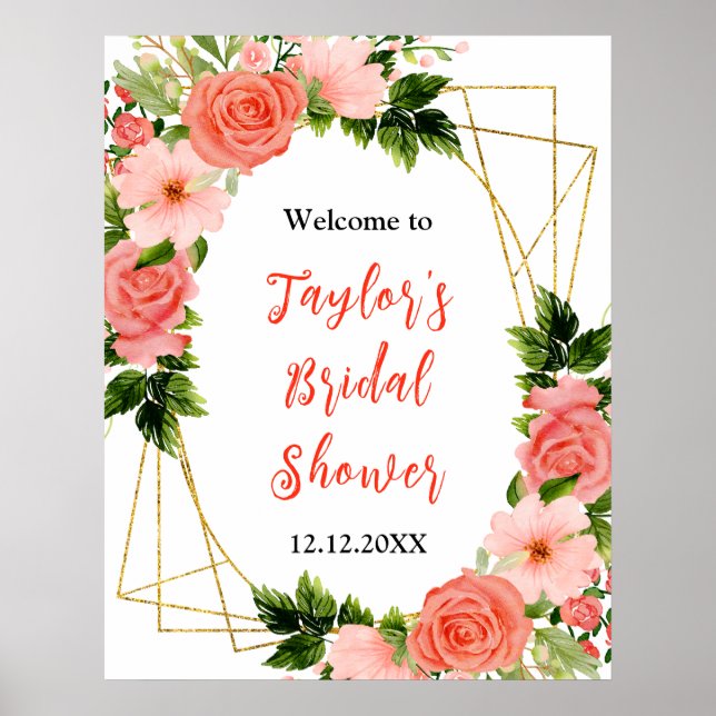 Affiche Coral Red Roses Floral Bridal Shower Welcome Sign (Devant)