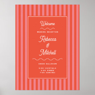 Affiche Coral Red Stripe Vintage Mariage Bienvenue