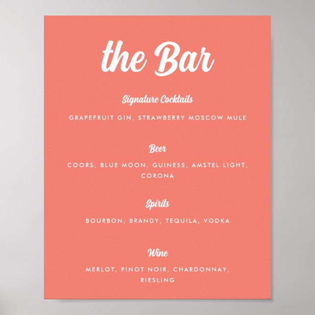 Affiche Coral rose moderne Script Mariage Bar Menu (Devant)
