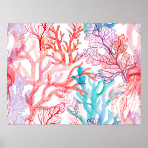 Affiche Coraux aquarelles. Motif sans couture avec sous