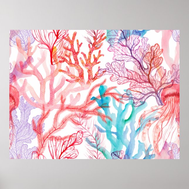 Affiche Coraux aquarelles. Motif sans couture avec sous (Devant)