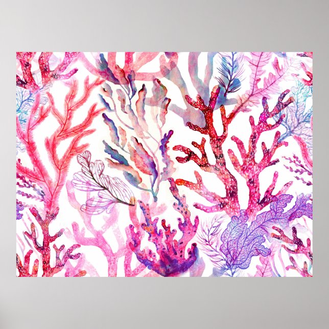 Affiche Coraux aquarelles. Motif sans couture avec sous (Devant)