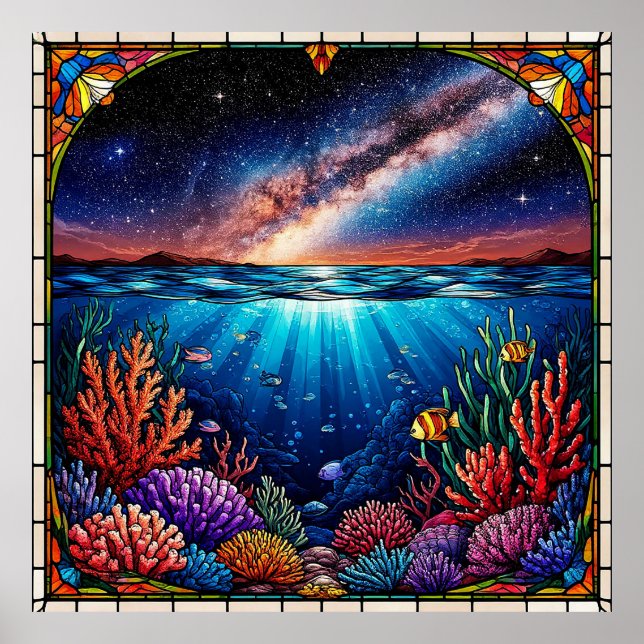 Affiche Coraux sous-marins avec ciel étoilé au-dessus (Devant)
