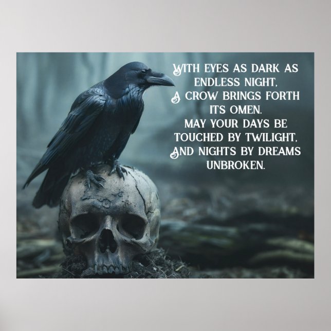 Affiche Corbeau assis sur un crâne avec un message gothiqu (Devant)