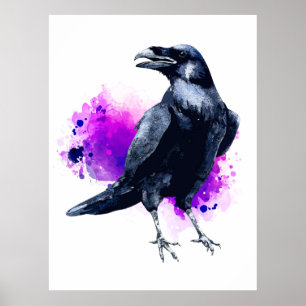 Affiche Corbeau avec Arrière - plan d'aquarelle violet