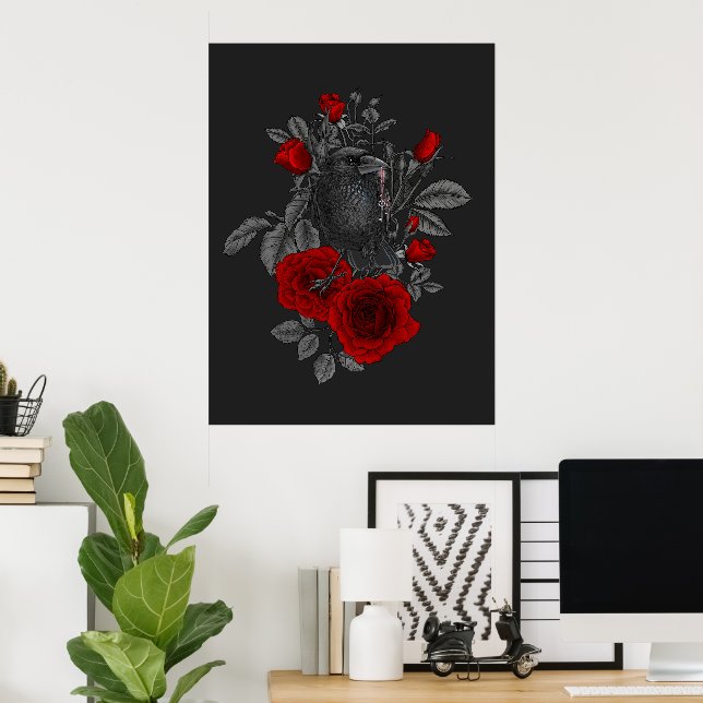 Affiche Corbeau avec la clé et les roses (Bureau à domicile)